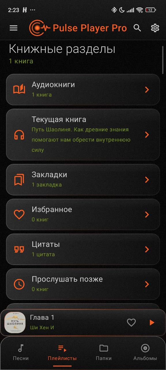 Книжные разделы, закладки и цитаты в Pulse Player Pro